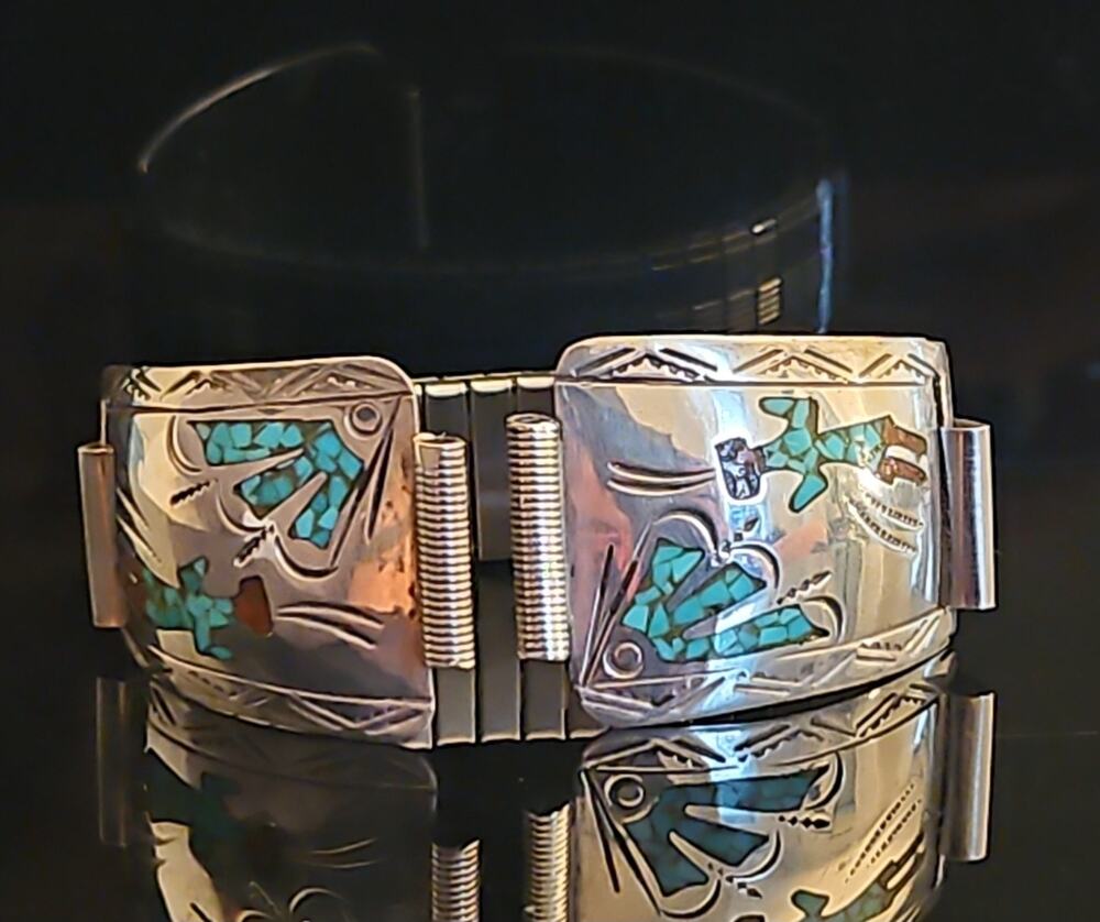 Signed J. Nezzie Sterling Silver Turquoise Inlay Native American Watch Cuff...